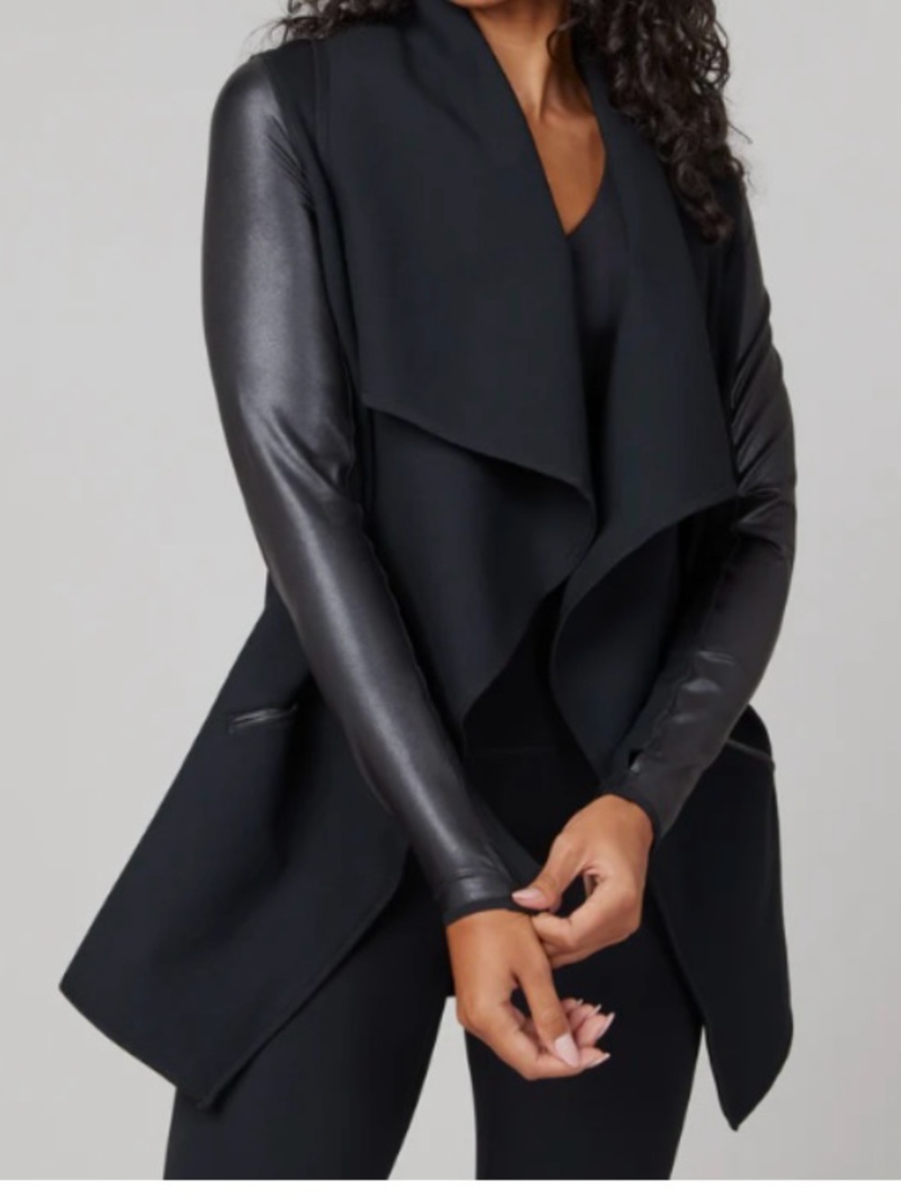 SPANX Black Draped Open-Front Jacket with Faux Leather Sleeves